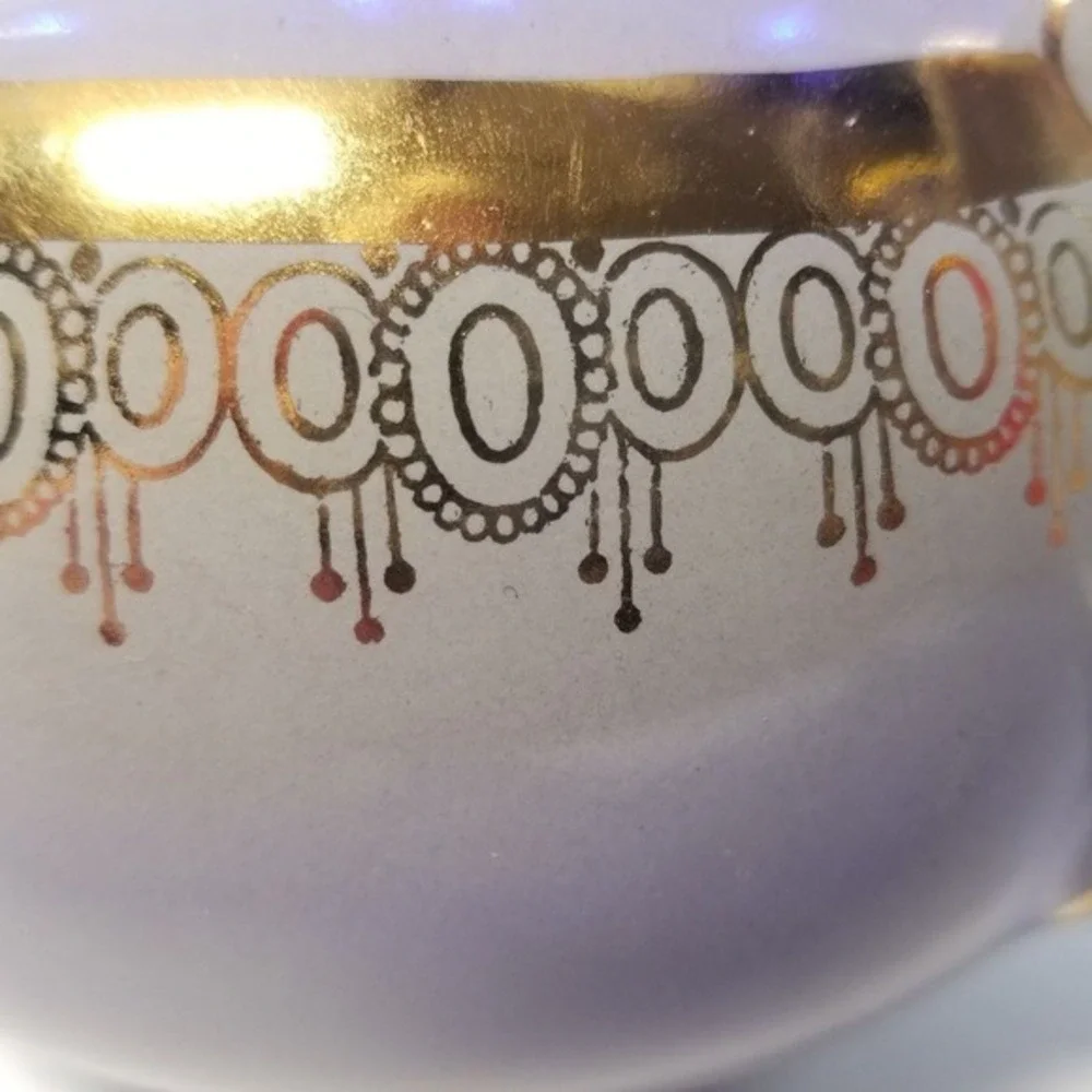 Vintage Ceramic Teapot Hall 6-Cup Gray Gold Trim Geometric‎ Band USA